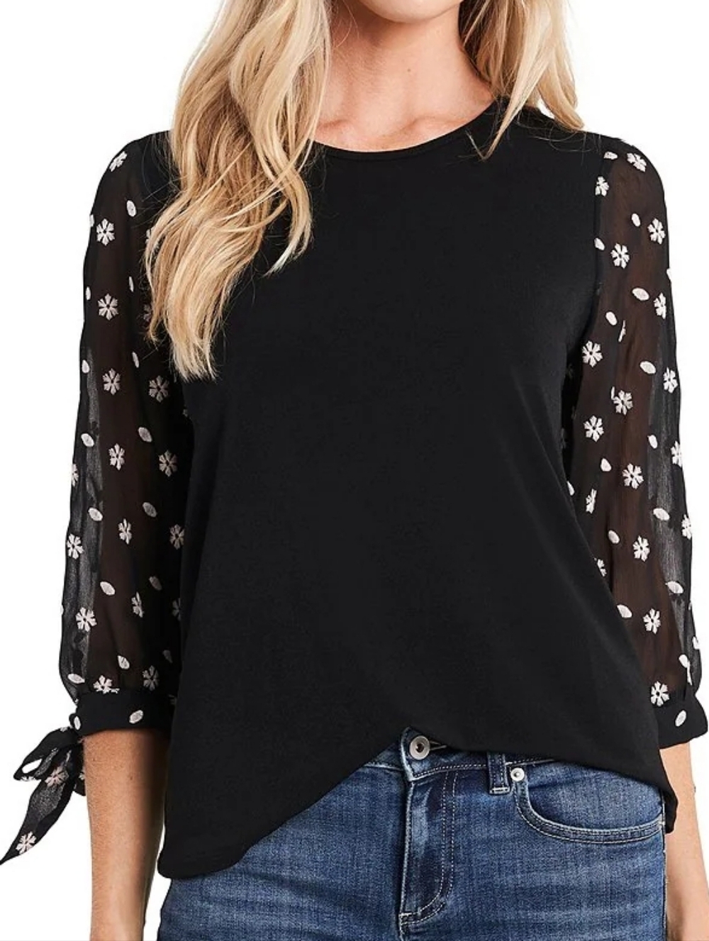 CeCe Black Blouse with Sheer Floral Tie Sleeves